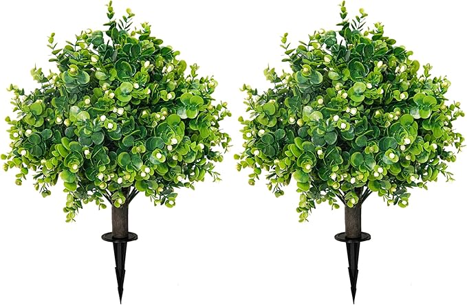 Artificial Boxwood Topiary Ball Trees 21.6" Tall UV Resistant Artificial Bushes, Set of 2 Faux Plants with Spike Easy to Push in The Ground for Indoor Outdoor Garden