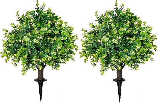 Artificial Boxwood Topiary Ball Trees 21.6" Tall UV Resistant Artificial Bushes, Set of 2 Faux Plants with Spike Easy to Push in The Ground for Indoor Outdoor Garden