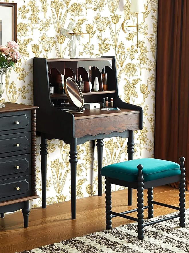 Dimoon 393"x17.3" Floral Wallpaper Peel and Stick Flowers Golden White Contact Paper Thicken Waterproof Modern Self Adhesive Plants Wallpaper Removable Wall Paper Shelf Vinyl Roll