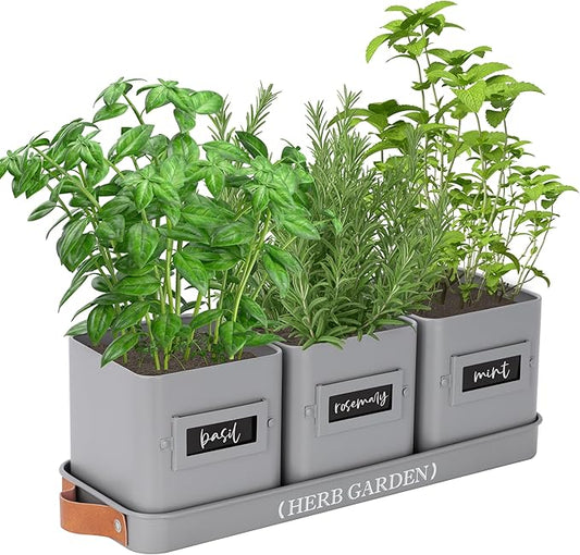 PERFNIQUE Indoor Herb Garden, Herb Garden Planter Set with Tray, Farmhouse Indoor Plant Pots, Windowsill Herb Garden with Drainage(Planter only) for Indoor/Outdoor, Window Pots(Grey)