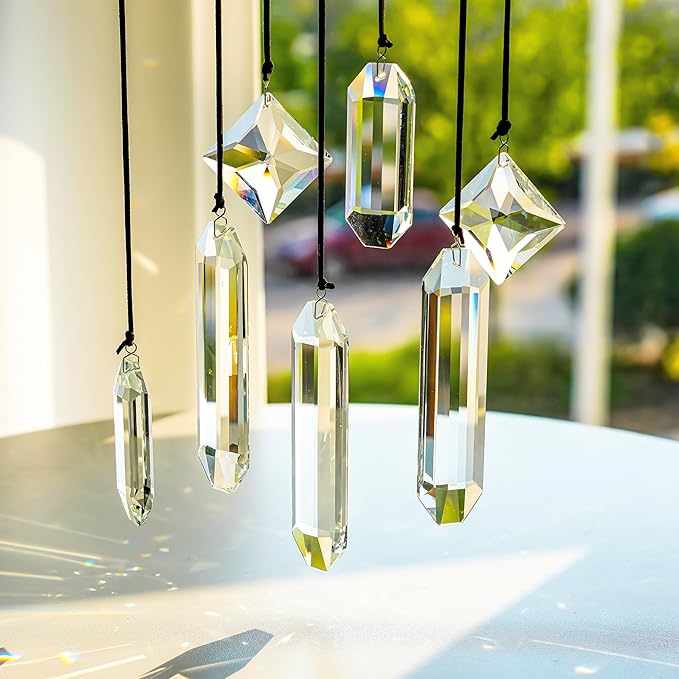 HDCRYSTALGIFTS Modern Grief Gift,Set 7 Clear Crystal Prisms Suncatchers Hanging Ornament,Rainbow Maker Sun Catchers for Windows, Balcony, Kitchen, Garden Decoration