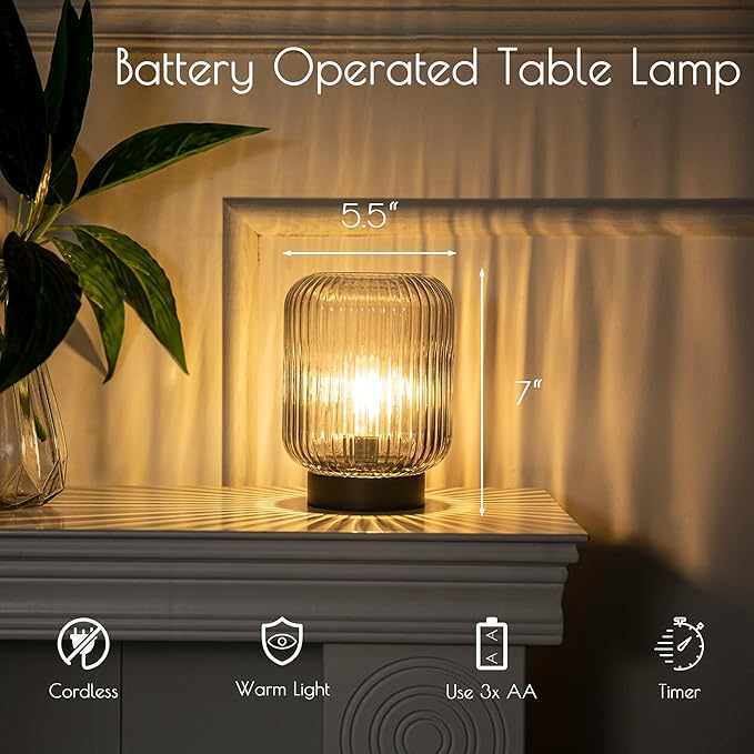 Battery Operated Lamp, Cordless Table Lamps Battery Powered Bedside Small Lamp with LED Bulb, Decorative Glass Lamp for Bedroom Living Room Home Decor-Light Grey