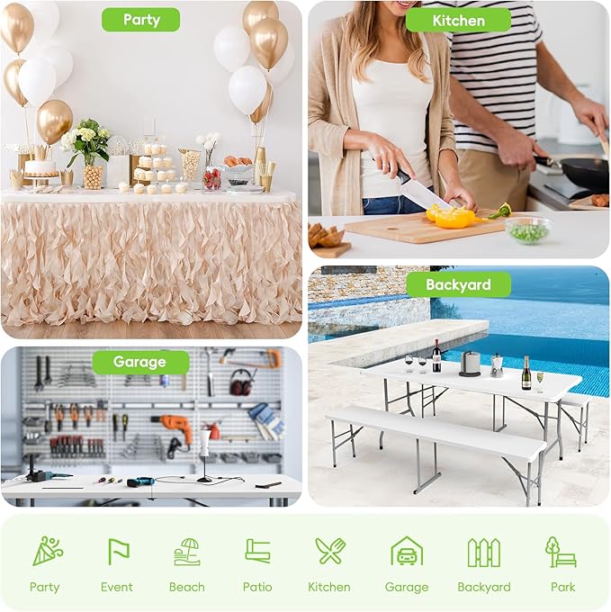 HLPB Folding Table Picnic Table Set, 6 ft Camping Table with 2 Benches, Outdoor Indoor Portable Folding Furniture for Working Meeting Party, Camping, Picnic, Weddings w/Handle and Safety Locks, White