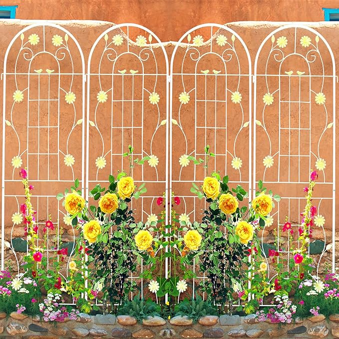 4 Pack Metal Garden Trellis 86.7" H Garden Fence Rustproof Trellis Cream White for Climbing Plants Support Roses Flower Cucumber Outdoor Lawn, White