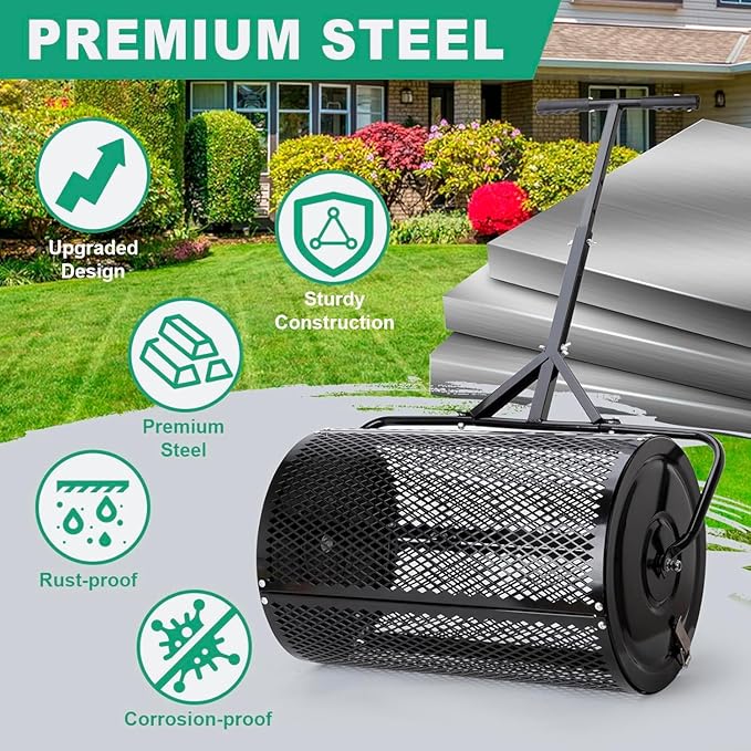 Compost Spreader, Durable Lawn Roller, Manure Spreader with Upgrade T Shaped Handle,Top Soil Spreader for Lawn and Garden Care Manure Spreaders Roller (T-Black-L)