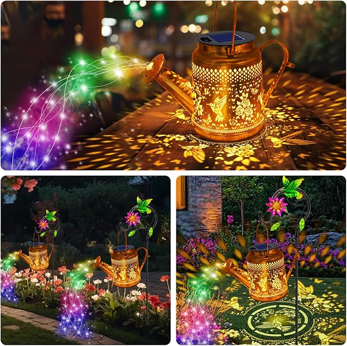 2 Pack Solar Lanterns Outdoor Waterproof,Hummingbird Watering Can Garden Decor,Hanging Solar Path Lights Yard Art,Outside Patio Decorations Gardening Birthday Gifts for Mom Grandma Women (with Hook)
