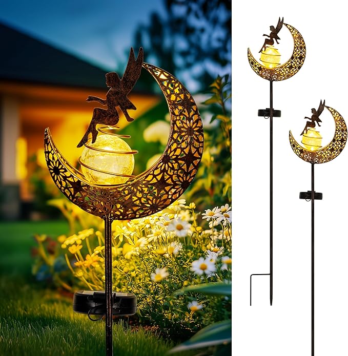 Fairy Moon Solar Lights Outdoor Garden Stakes, Waterproof Metal Decor Gifts for Women Mom, Art Moon Sculpture for Yard, Patio, Garden, Porch, 2 Pack
