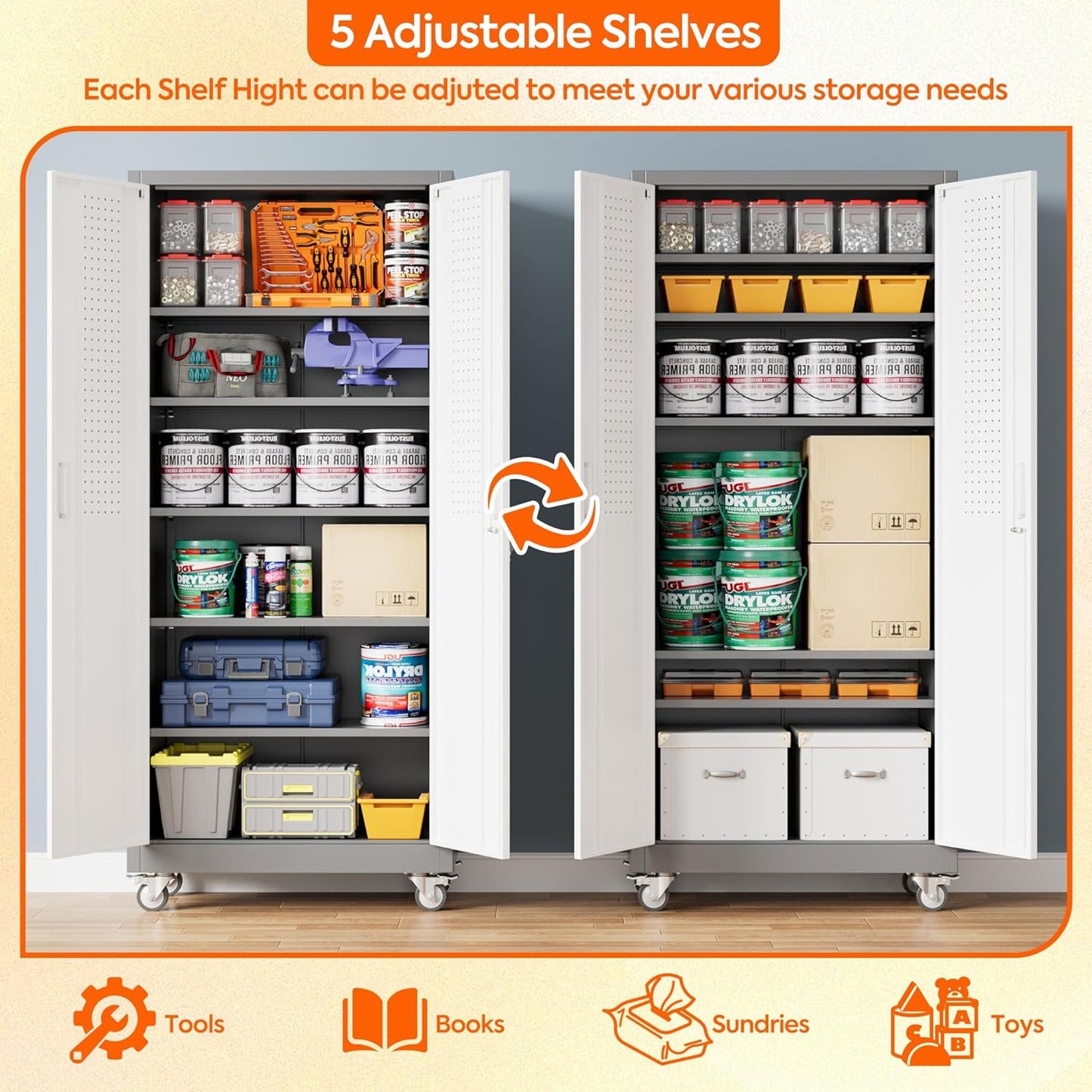 Aobabo 71" H x 32" W x 16" D Metal Storage Cabinet with Wheels, Garage Steel Storage Cabinet with 5 Adjustable Shelves and 4 Hooks for Home Office School, Assembly Required, Grey White