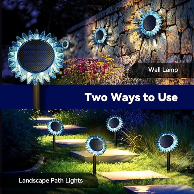 Hogni Solar Pathway Lights - 2 Pack LED Sunflower Garden Light, Waterproof Outdoor Decor for Wall, Lawn, Yard, Walkway, Patio, Landscape