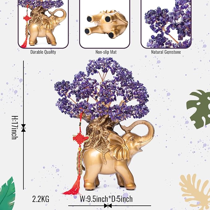 Amethyst Crystal Money Tree on Gold Elephant Statue, 17”Large Gemstone Bonsai Tree of Life Home Décor Gifts for Wealth Positive Energy, Feng Shui Décor