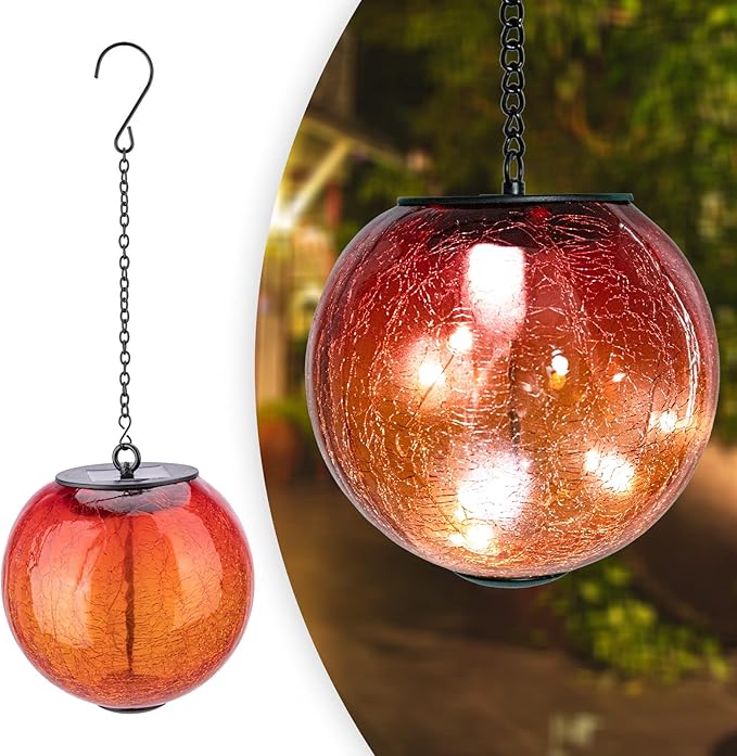 Hanging Solar Lights Outdoor Solar Lanterns Outdoor Decorative Cracked Glass Ball Lights Solar Powered Waterproof LED Globe Lantern for Outdoor Porch Patio Garden Decor Gift Orange