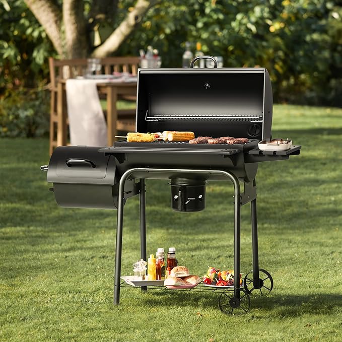 Devoko Charcoal Grill, Outdoor BBQ Grill with Offset Smoker and Side Table for Garden and Parties