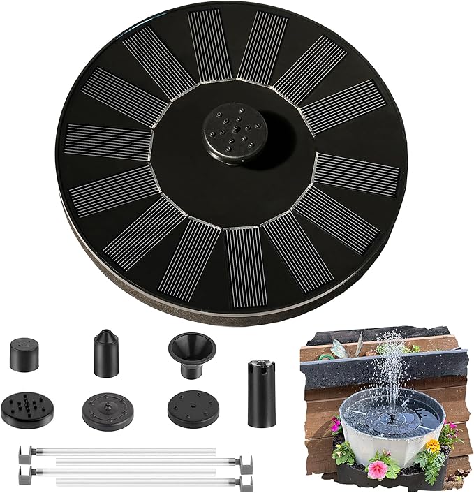 Solar Bird Bath Fountain Pump with 6 Nozzle and Anti-Collision Pole,1.4w Solar Powered Free Standing Floating Water Pump for Fish Tank, Pond, Pool, Garden and Outdoor