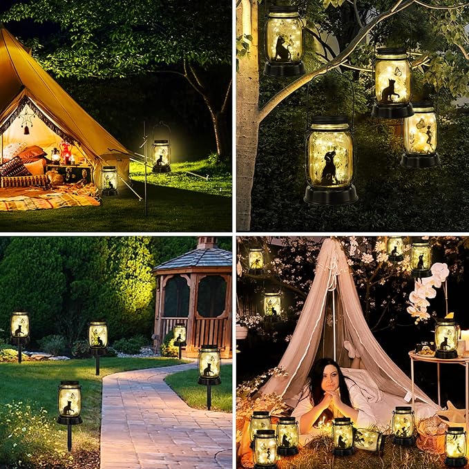 Cat Solar Lanterns Cat Gifts for Women Men Cat Lovers Gifts Hanging Cat Lanterns with Stake for Yard Lawn Garden Decor Black Cat Lantern