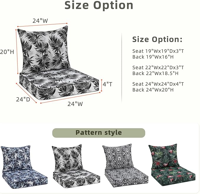 Favoyard Outdoor Seat Cushion 24 x 24 x 4 in Waterproof Pattern Fade Resistant Cover Removable Patio Furniture Cushions Deep Seat & Back Cushion Set with Adjustable Straps for Patio Chair Sofa Couch