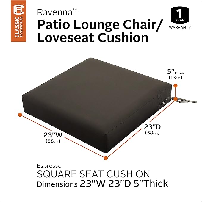 Classic Accessories Ravenna Water-Resistant 23 x 23 x 5 Inch Square Patio Seat Cushion Slip Cover & Foam, Espresso, Lounge Chair Cushion