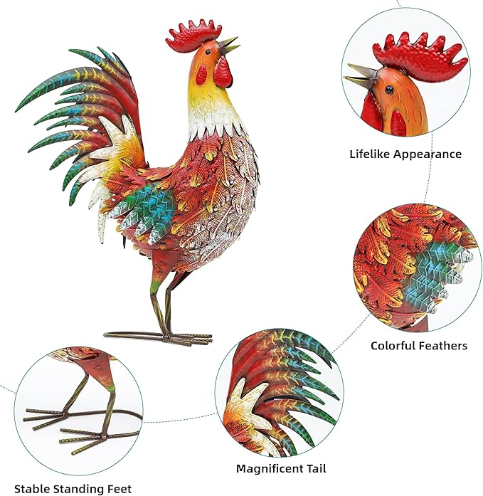 21" Metal Rooster Decor, Outdoor Garden Statues, Metal Chicken Sculpture for Backyard Patio Kitchen Decor