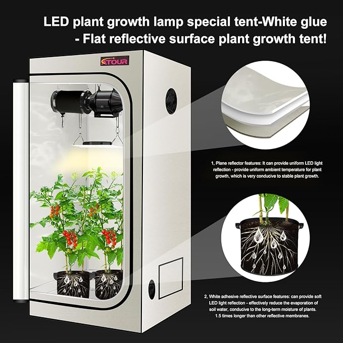 ATOUR 1.5‘x1.5' LED Grow Light Specil Tent, 18"x18"x32"High Reflective PE Film Grow Tent, 1680D High Strength Canvas Plant Tent with Observation Window & Floor Tray for Hydroponics Indoor Plant