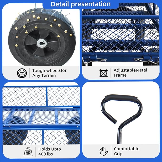 Heavy Duty 480 Lbs Capacity Mesh Steel Garden Cart Folding Utility Wagon with Removable Sides (Blue)