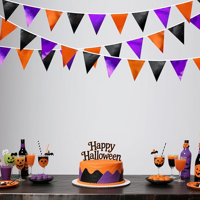 Black Orange Purple Halloween Party Decorations Metallic Fabric Triangle Pennant Banner Flag Bunting Garland for Birthday Baby Shower Bachelorette Trick or Treat Halloween Holiday Party Supplies