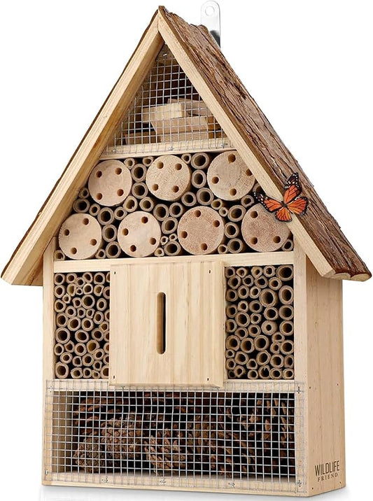 I Large Insect Hotel with bark roof Natural, Weatherproof, Insect House Made of Natural Wood for Bees, Ladybugs, lacewings, Butterflies, bee Hotel, Nesting aid for Hanging