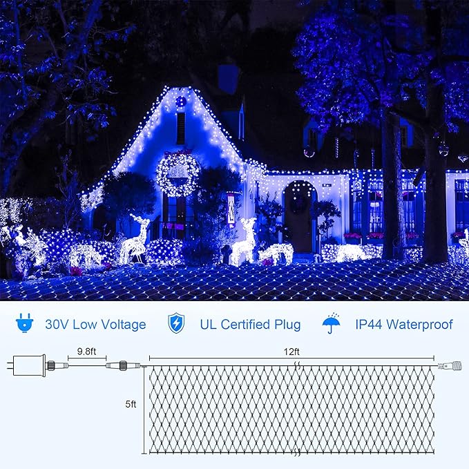 Blue Net Lights Outdoor - 360 LED Christmas Lights Plug in With Remote, 12 x 5ft Extendable 8 Modes Waterproof for Bushes Gazebo Lawn Wedding Patio Garden Tree Decoration