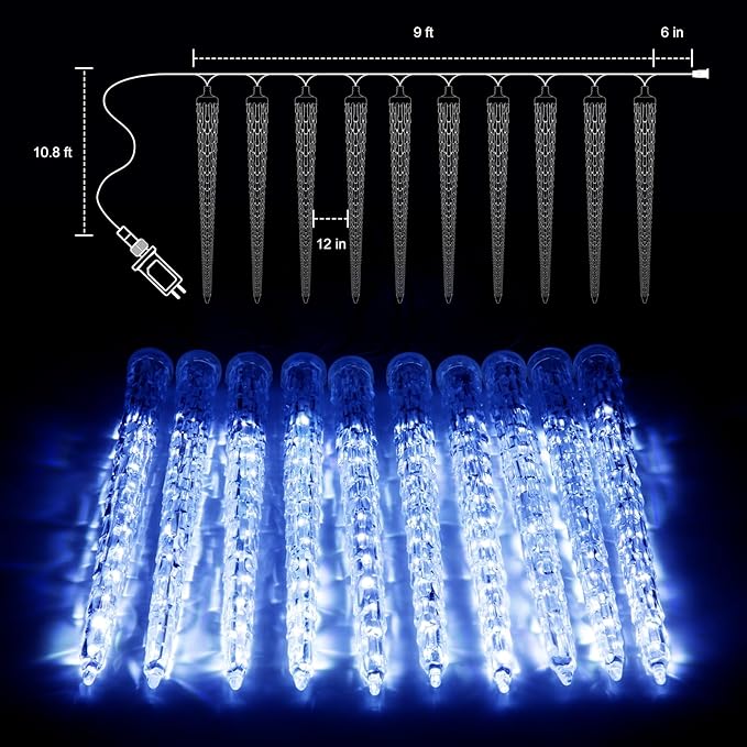 Christmas Icicle Lights Outdoor, 10Ft. Meteor Shower Lights with 10 Large Icecycles, Snowfall Shooting Star Light Effect, Falling Crystal Christmas Decorations for House Eave Roofline Patio, Blue