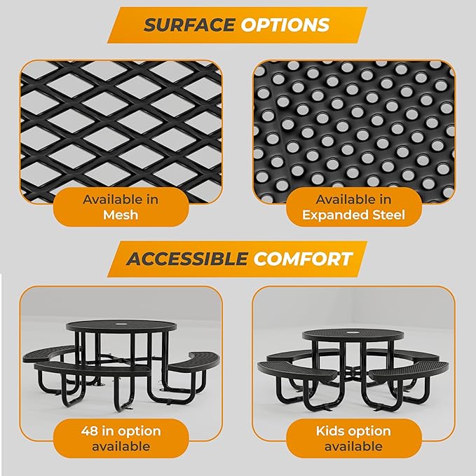 Metal Picnic Tables for Outdoors with Umbrella Hole - Coated Steel Heavy Duty Commercial Grade Table with Adjustable Seats (Brown, 38 in, Round, Expanded Steel)