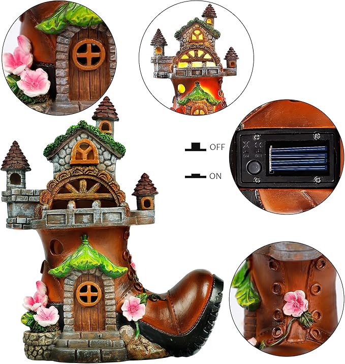 FORUP 10 Inch Fairy House Garden Statues with Boots, Fairy Garden Decor House Kit, Solar Powered Lights Garden Figurine for Outdoor Patio Lawn Yard Garden Decorations