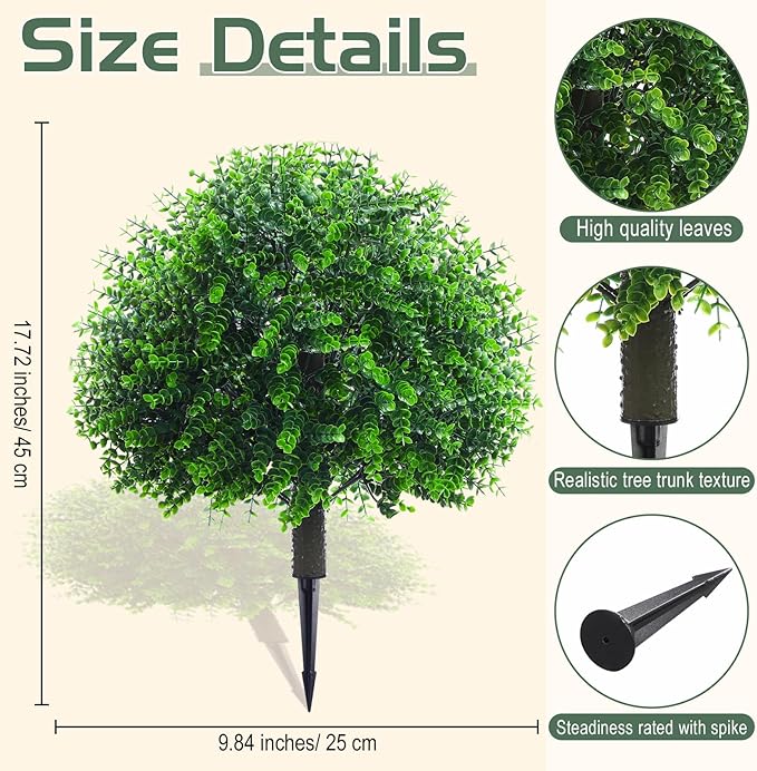 Yunlly 2 Pcs 18 Inch Artificial Boxwood Ball Topiary Tree Fake Outdoor Plants Bush, UV Resistance Faux Shrubs with Spike Realistic Greenery Potted for Indoor Garden Yard Porch Patio Decor (Green)