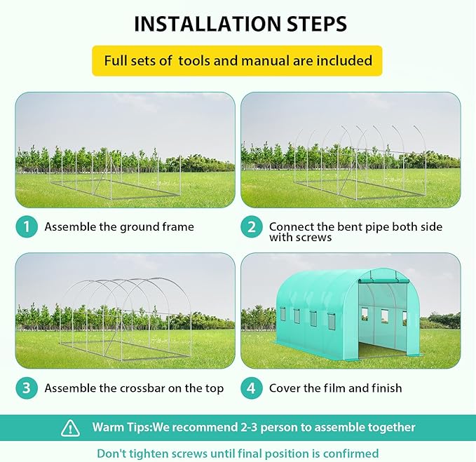 Compact Greenhouse Kit 7'x15'x7' with Galvanized Frame, 140G Green PE Cover, 1 Door & 8 Windows for Outdoor Gardening