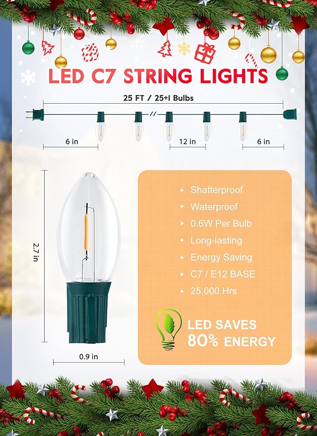 C7 LED Christmas Lights Outdoor, 25FT Vintage Christmas String Lights with 25+1 Plastic Bulbs, Commercial Connectable Holiday Lights for House Roofline Fence Garage Garden Backyard Pathway Decorations