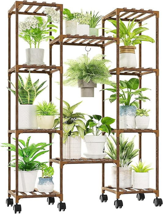 Plant Stand with Wheels Outdoor Indoor Hanging Plant Shelf for Multiple Plants Tall Large Holder for Living Room Patio Balcony Garden Corner Mobile