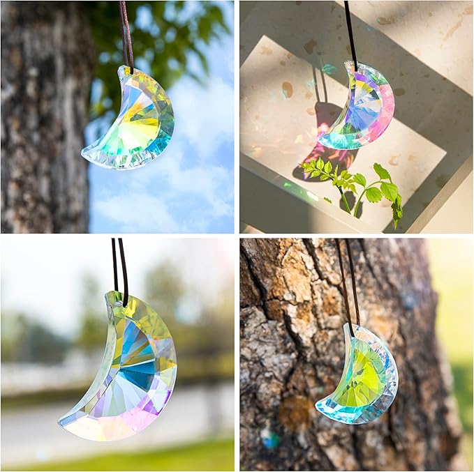 6pcs Colorful Crystal Faceted Half Moon Prisms Chandelier Lamp Lighting Drops Pendants Prisms Hanging Crystals Suncatcher for Window Garden Home Decoration
