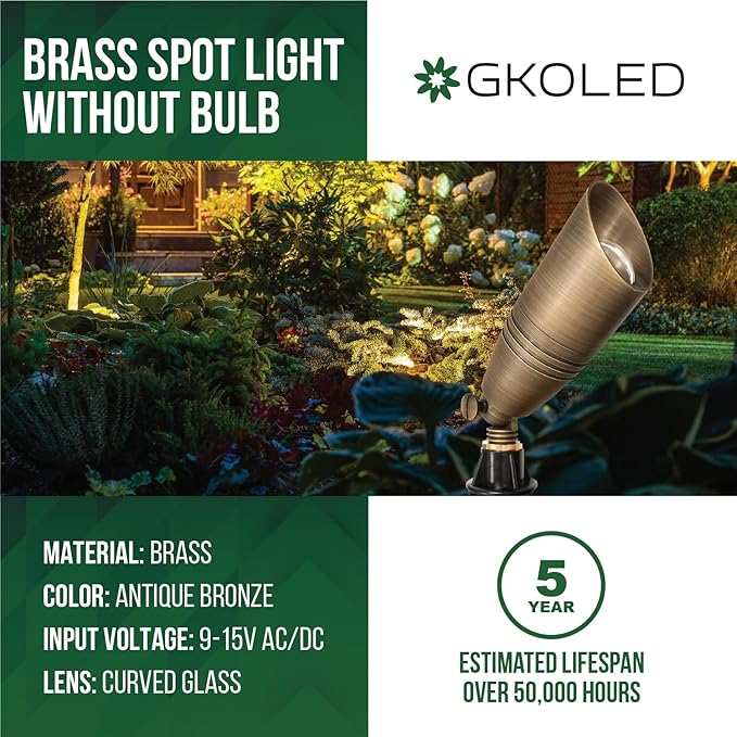 GKOLED 6 Pack Solid Brass Landscape Spotlight, 12V AC/DC Outdoor Low Voltage Landscape Lights, Garden Patio Trees Spot Up Light, Directional LED Uplight Waterproof Fixture with ABS Spike, No MR16 Bulb