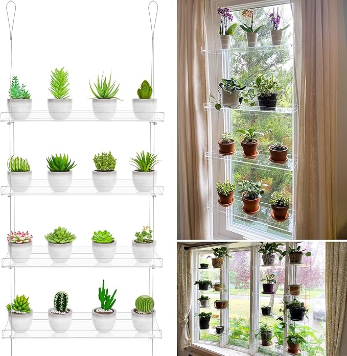 4-TierClear Plant Shelves, Height Adjustable Hanging Acrylic Indoor Wall Hanging Plant Stand Flower Display, Flower Pot Organizer Storage for Window Grow Herbs, Microgreens, Succulents, 16 Inch
