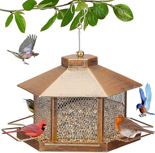 Metal Bird Feeder for Outdoor Hanging, 4.6LB Large Capacity, Garden Decoration - Attracts Wild Birds, Durable Outdoor Bird Feeding Station for Garden Yard Outside Backyard (Extra Large Gold)