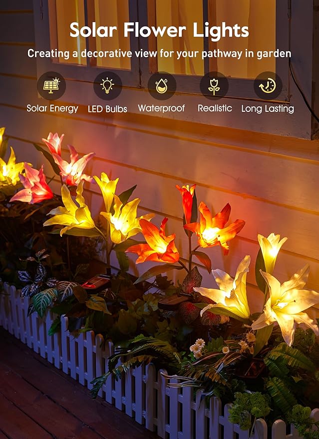 Brightown Solar Lights Outdoor, 4 Pack Solar Garden Lights with Larger & More Realistic Lily Flowers, Waterproof Outdoor Solar Lights for Yard Patio Lawn Pot Decoration