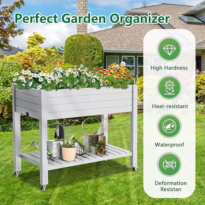 Elevated Horticulture Raised Garden Bed with Legs, Divisible Raised Resin Planter Box for Backyard, Patio, Balcony, with 4 Legs, 4 Swivel Lockable Wheels, and Storage Shelf,Ashen