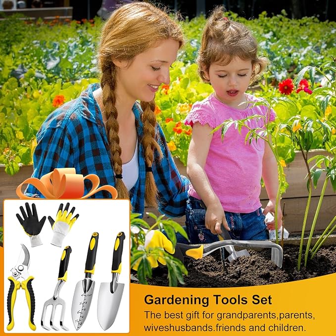 5 Pcs Gardening Tools Set with Heavy Duty Cast-Aluminium Heads and Non-Slip Rubber Grip, Including Transplanting Spade, Trowel, Cultivator, Pruner and Gardening Gloves, Great Gift for Woman