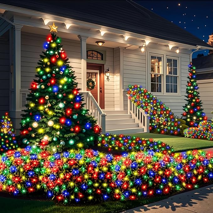 6Ftx4Ft LED Christmas Net Lights Green Wire,Connectable UL Certified Waterptoof Net Lights for Bushes Trees Shurb Garden Outdoor Christmas Decorations