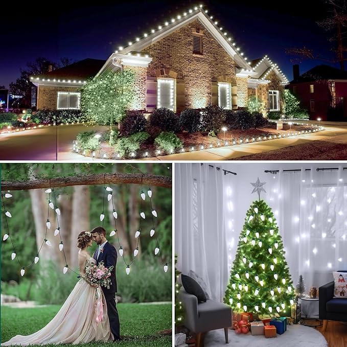 C9 LED Christmas Lights, 134FT 200 Bulbs Outdoor Christmas Decorations for House Waterproof String Lights Extendable Green Wire Fairy Lights for Patio Xmas Garden Party Wedding Indoor Pure White