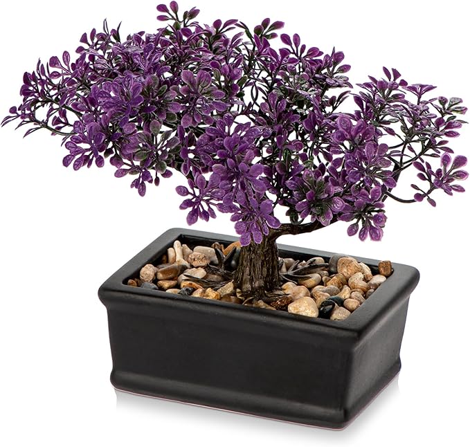 Artificial Bonsai Tree Juniper Faux Plants Indoor Fake Plants Decor with Black Ceramic Pots for Home Table Office Desk Bathroom Shelf Bedroom Living Room Farmhouse Decorations-Purple