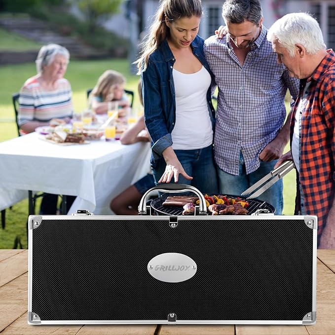 Grilljoy BBQ Accessories Grill Tools Set - 22PCS Stainless Steel Barbecue Grill Accessories for Outdoor Grill with Black Aluminum Case - Grilling Gifts for Men Dad -Grill Tools Kit