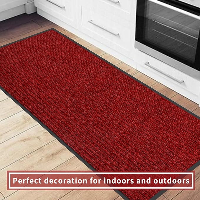 fani Heavy Duty Large Outdoor Indoor Entrance Black Doormat Waterproof Low Profile Entrance Rug Front Door Mat Patio Anti-Skid Rubber Back, 35x72 inch (Red)