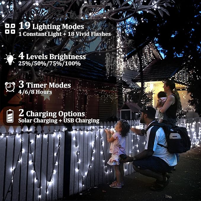 2-Pack 200FT Solar String Lights for Outside, 600 LED Extra-Bright Solar Light Outdoor with 19 Modes & Timer, Waterproof Fairy Solar Lights for Garden Patio Tree Christmas Decorations (Cool White)