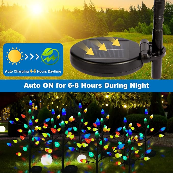 C7 Solar Christmas Pathway Lights - 2 Pack with 24 LED Strawberry Multicolor Lights, 8 Modes - Outdoor Waterproof Christmas Decorations for Garden, Yard, Pathway