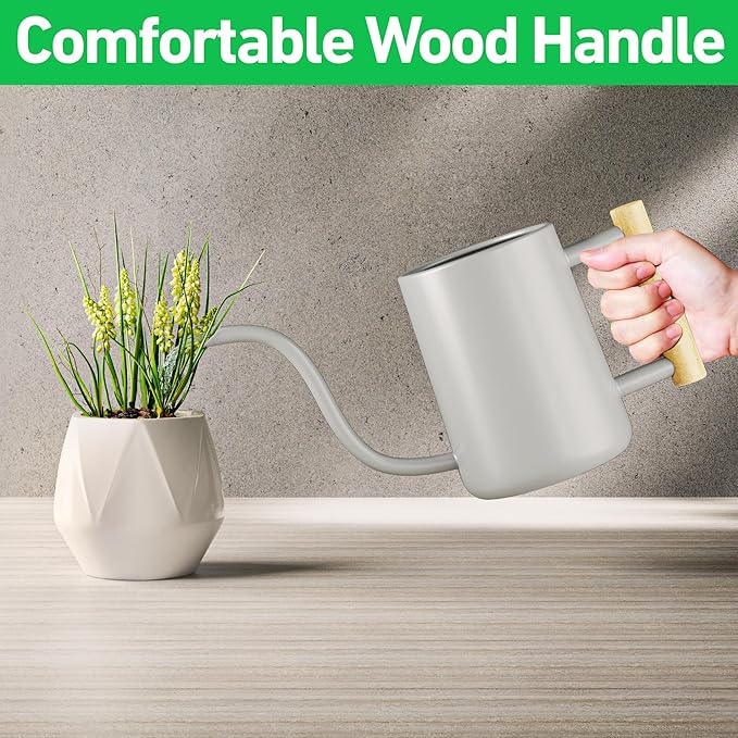 35 oz Metal Small Indoor Watering Can with Long Spout & Real Wood Handle for House Plants, Succulents, Cacti & Seedlings - Gray Long Spout Watering Can Indoor Plants - Stylish, Gentle Flow, No Spills