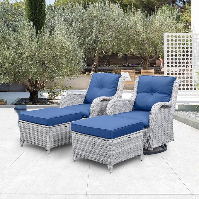 4 Pieces Patio Furniture Sets, Wicker Patio Swivel Glider Chair with Ottomans, Outdoor Furniture Set for Outside Porch Deck Balcony, Light Grey