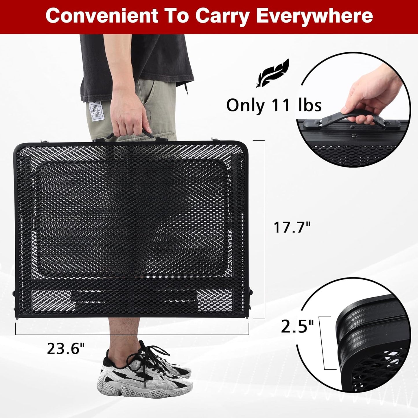 Folding Grill Table, 3x2 FT Portable Camping Table with 2 Wing Panels, Height Adjustable Metal Tables with Mesh Desktop and Mesh Bag, Outdoor Furniture for Camping, Picnic, Beach and BBQ, Black